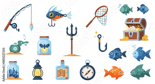 Fishing themed illustration with various equipment and marine life.