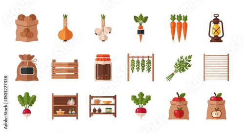 Flat design vector icon set of rustic farm harvest and pantry storage.