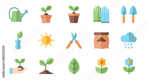 Gardening Icons - Tools, Plants, and Weather Elements for Garden Design.