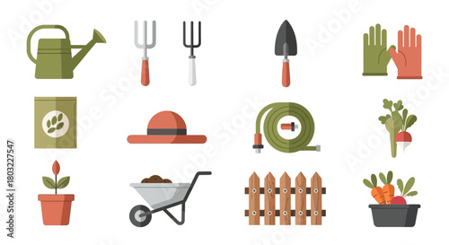 Gardening tools and accessories for planting and harvesting.