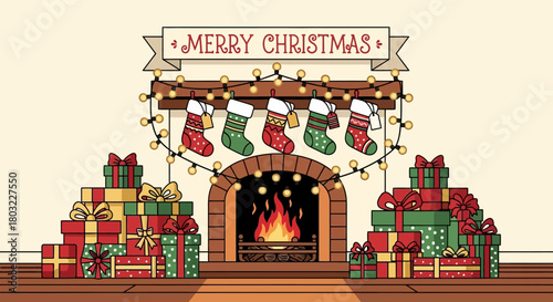 Christmas Celebration, Holiday Decor, Cozy Living Room, Illustration, Festive Atmosphere, Front View, Warmth and Joy