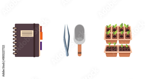 Gardening tools and supplies for planting seeds and seedlings.