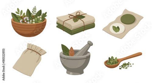 Herbal Medicine Preparation - Bowl, Pouches, Mortar, Spoon with Herbs.