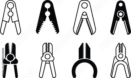 Assortment of wire stripper and cutting tool icons in black and white pliers electrical