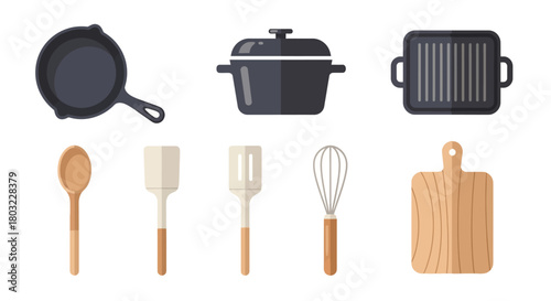Kitchen utensils and cookware set for cooking and food preparation.