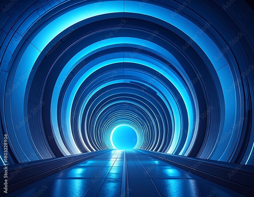 Fototapeta premium A futuristic tunnel with concentric circular rings illuminated by cool blue light at its core and the floor reflects