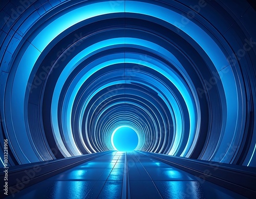 A futuristic tunnel with concentric circular rings illuminated by cool blue light at its core and the floor reflects