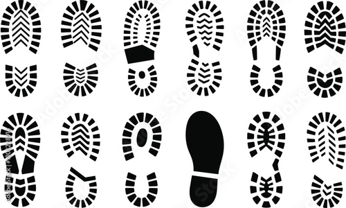 Collection of Black Boot and Shoe Footprints on White Background shoe print boot print