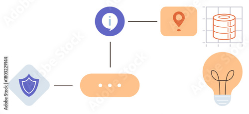 Connected shield, info icon, location marker, database diagram, and light bulb symbolizing data flow, security, location services, storage and innovation. Ideal for technology security creativity