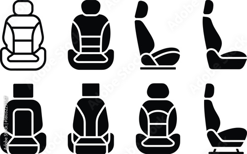 Collection of eight black and white icons representing car seats from different angles vehicle seat
