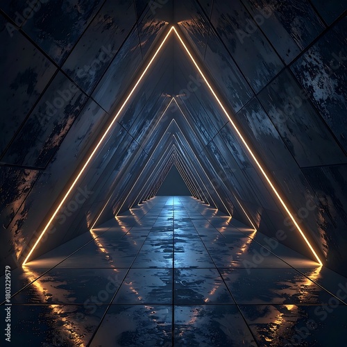 A futuristic tunnel with geometric lighting. Reflective flooring and metallic walls create depth with a triangular light frame