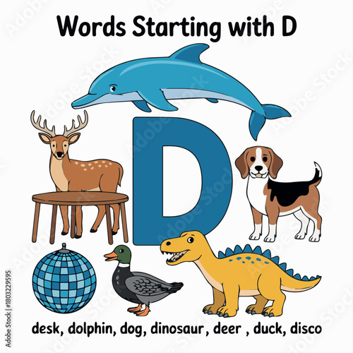 Learn words starting with d featuring dolphin dog dinosaur deer duck disco desk for kids learning 100