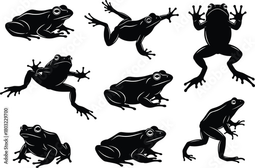 Black frog silhouette vector illustration set, amphibian wildlife poses, jumping and sitting frogs, nature animal design, isolated icons for biology, environment, and ecosystem concepts