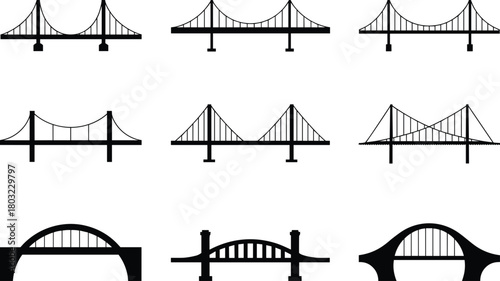 Collection of Nine Black Bridge Silhouettes on White Background architecture structure