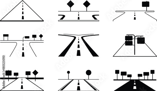 Collection of nine road and highway intersection icons with signs traffic street