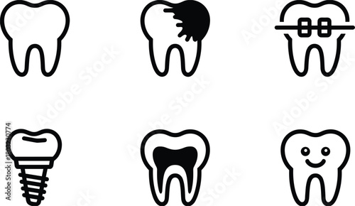 Dental Icons Set Healthy Tooth Cavity Implant Braces Happy Tooth vector illustration