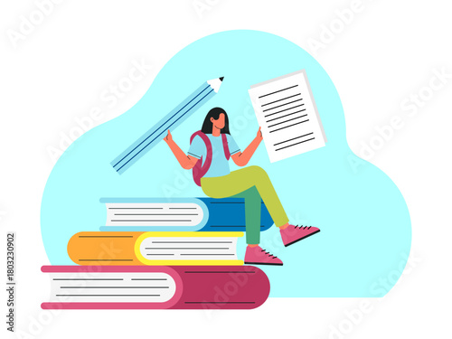 Female student is sitting on a large book while holding a large pencil and a notebook. Back to school vector illustration. Flat illustration concept.