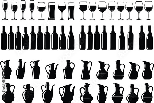 Black silhouette vector collection of wine glasses, bottles, and pitchers illustration for bar, restaurant, kitchen, drinkware, alcohol, and beverage design concept