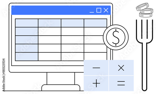Computer screen displays a table, calculator for calculations, currency coin stack, fork for meal budgeting. Ideal for budget, finance, expense tracking, cost management, online tools saving tips