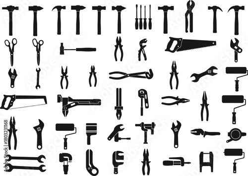 Black silhouette vector illustration of multiple hand tools, hammer, wrench, saw, screwdriver, pliers, roller, and spanner icons for construction, repair, and maintenance design
