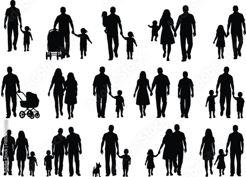 Black silhouette vector illustration of parents and children walking together, family love and unity concept, people holding hands, parenting lifestyle design