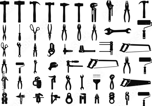 Black silhouette vector illustration of various hand tools, hammer, wrench, pliers, screwdriver, saw, spanner, and roller icons for construction and repair design