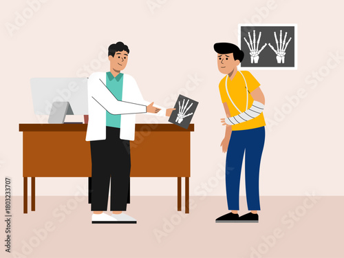 The doctor is showing the patient's x-ray results. Hospital vector illustration. Flat illustration concept.	