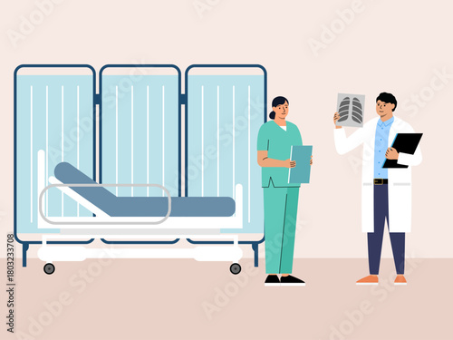 The doctor is meeting with the nurse and showing the x-ray results. Hospital vector illustration. Flat illustration concept.	