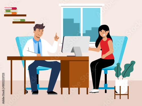 The patient and doctor are having a meeting and consultation. Hospital vector illustration. Flat illustration concept.	