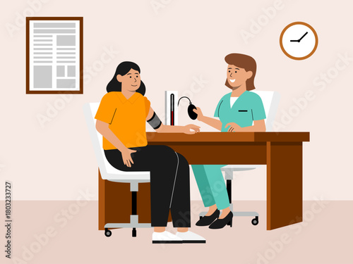 Woman doctor measures the blood pressure patient. Hospital vector illustration. Flat illustration concept.	
