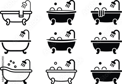 Nine Black Bathtub Icons with Water and Bubbles on White Background bathroom soap