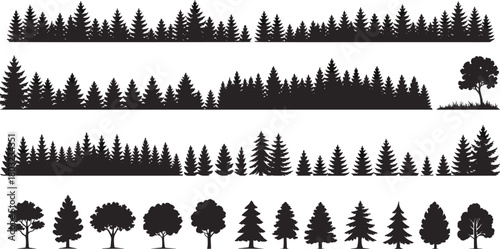 Collection of forest tree silhouette vector illustrations, black pine and deciduous trees, natural woodland landscape border design, evergreen forest elements for background art