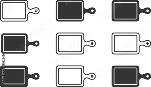 Nine outline and filled icons of rectangular cutting boards with handles kitchen food