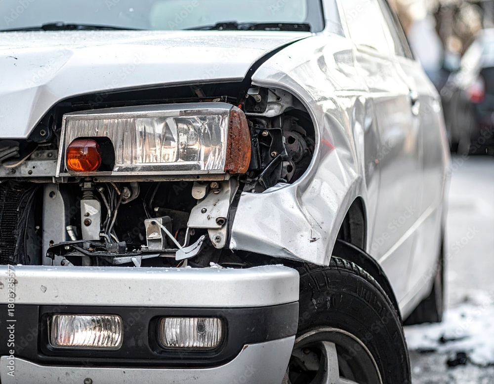 Obraz premium Damaged Silver Car with Broken Headlight on Street After Accident