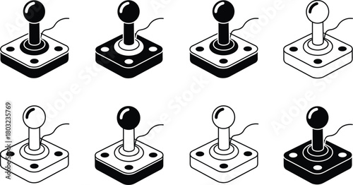 Retro joystick icons in isometric view with black and white variations game controller