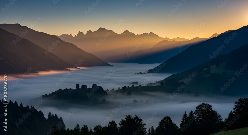 Fototapeta premium Sunrise over a misty mountain valley, where golden sunbeams pierce through towering peaks, creating a dramatic chiaroscuro effect on the illuminated slopes below