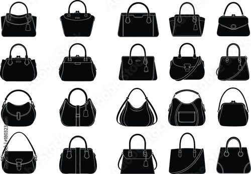 Elegant women handbag silhouette collection vector illustration, fashion purse and tote bag design set for boutique, accessories, shopping, and style concepts
