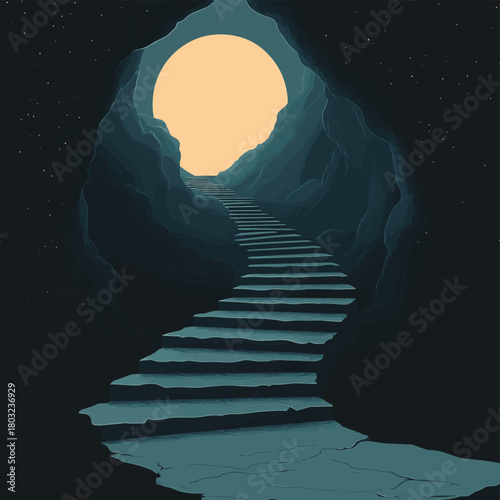Mindscape Ascending thought staircase in darkness  , vector style simple color