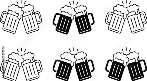 Six black and white icons of beer mugs clinking together with foam glass drink