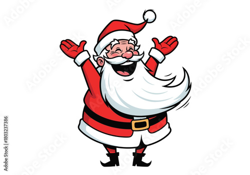 A cheerful cartoon Santa Claus with a white beard and red suit gesturing with both hands against a plain white background.