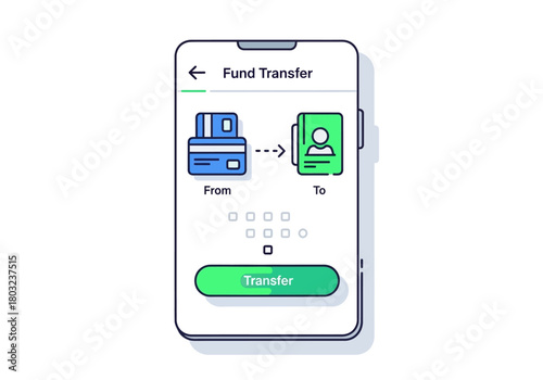 Illustration of a smartphone screen displaying a fund transfer interface with icons and a green transfer button on a white background.