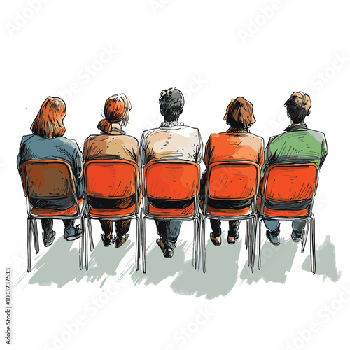 A hand-drawn illustration of an audience sitting in chairs