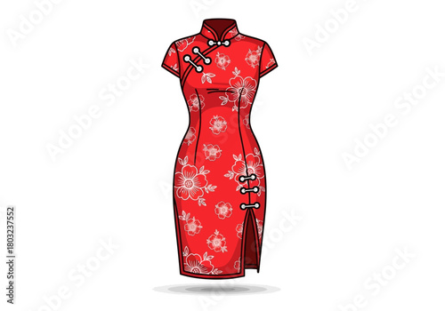 Red traditional Chinese dress with white floral patterns and black buttons on a white background