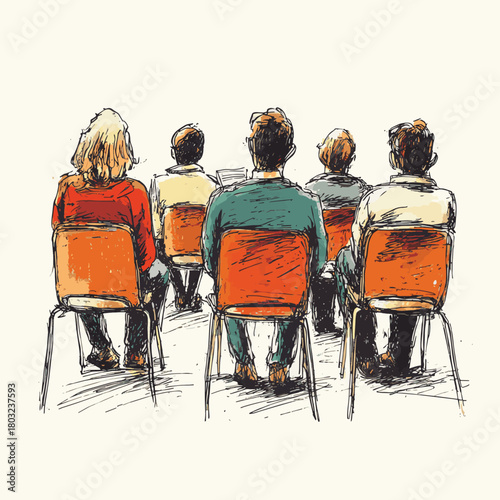A hand-drawn illustration of an audience sitting in chairs