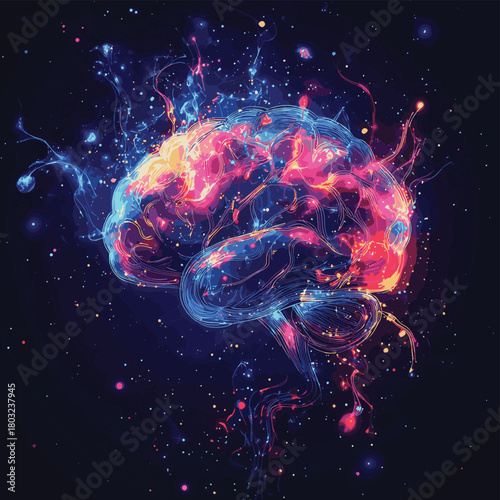 a surrealistic interpretation of the human brain as a cosmic symphony