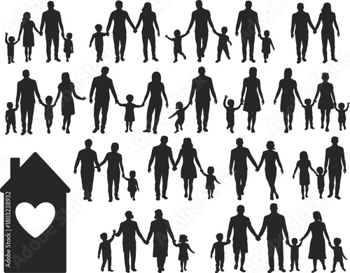 Family silhouettes vector collection, parents and children walking together, love home symbol illustration, happy family concept design, black people silhouette art