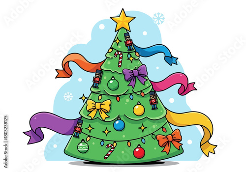 Illustration of a decorated Christmas tree with colorful ribbons, ornaments, and a star on top against a light blue background with snowflakes.