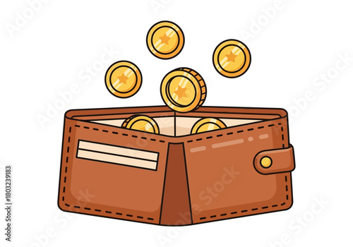 Brown leather wallet with coins spilling out on a white background in a flat lay composition.