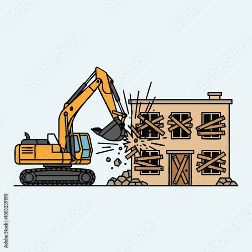 A powerful yellow excavator actively demolishes an old, dilapidated house with boarded windows, symbolizing urban renewal and property redevelopment.