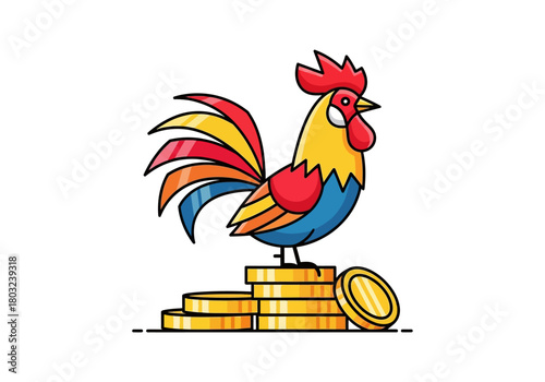 Colorful cartoon rooster standing on stacked gold coins with one coin rolling off, against a plain white background.